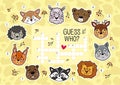 Crossword puzzle game for preschool kids activity. Animals doodle style.